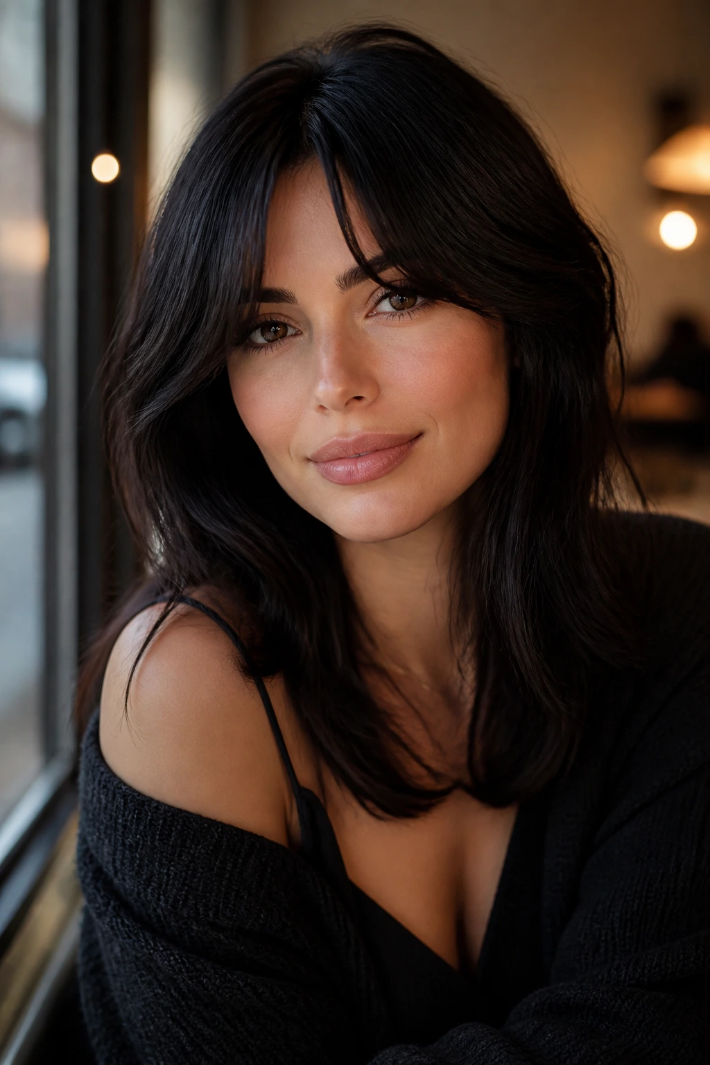 Close-up of a woman with espresso-black hair and curtain bangs