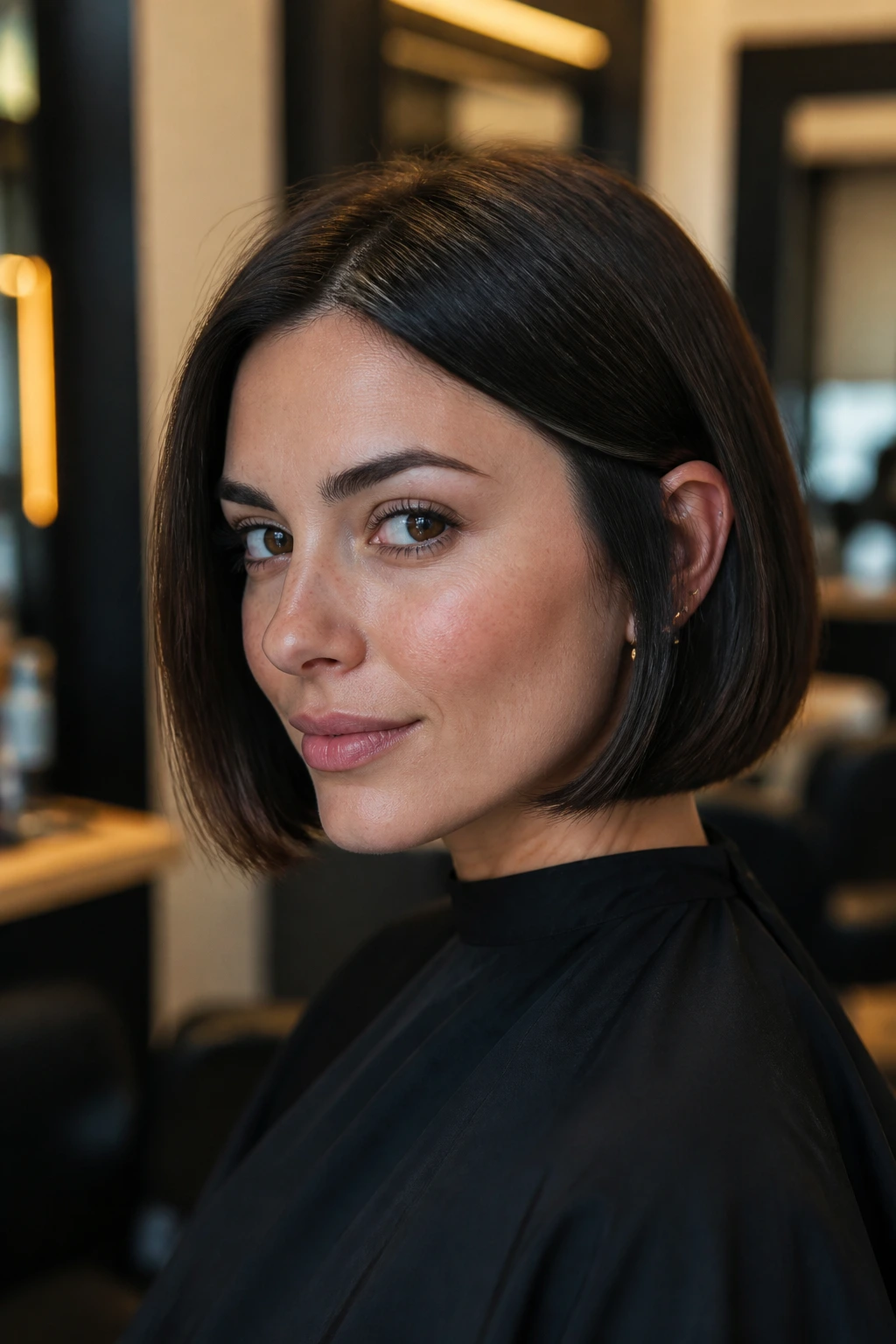 Close-up of espresso blunt bob with crisp edge and high shine