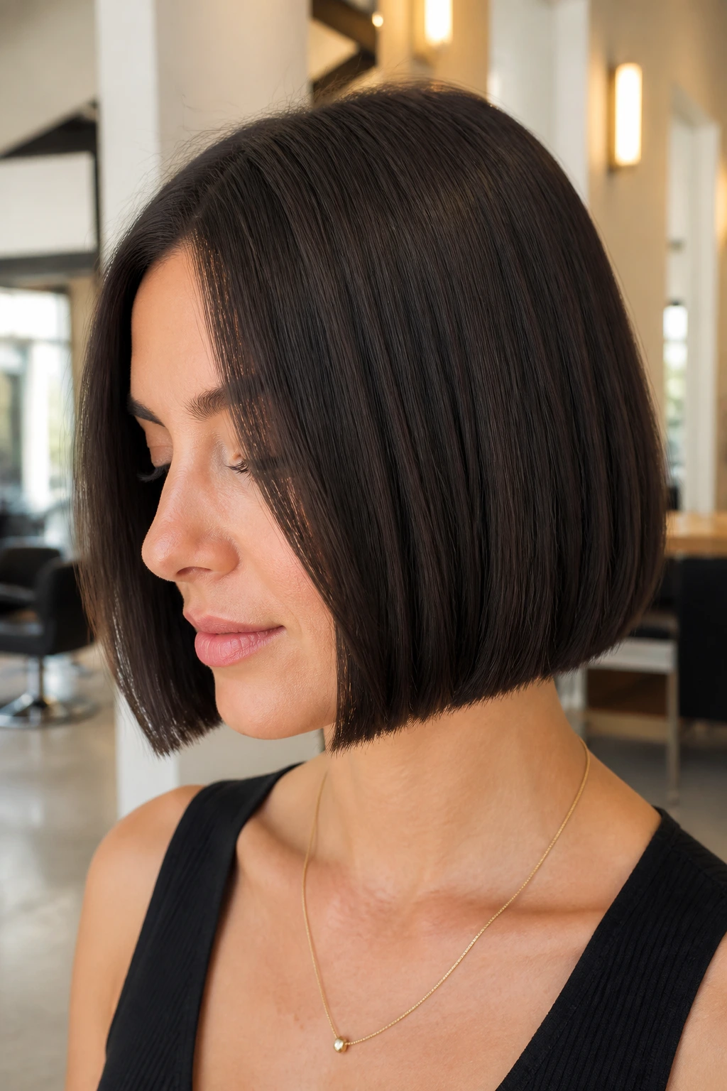 Close-up of a woman with an espresso blunt bob featuring hidden texture in a bright salon