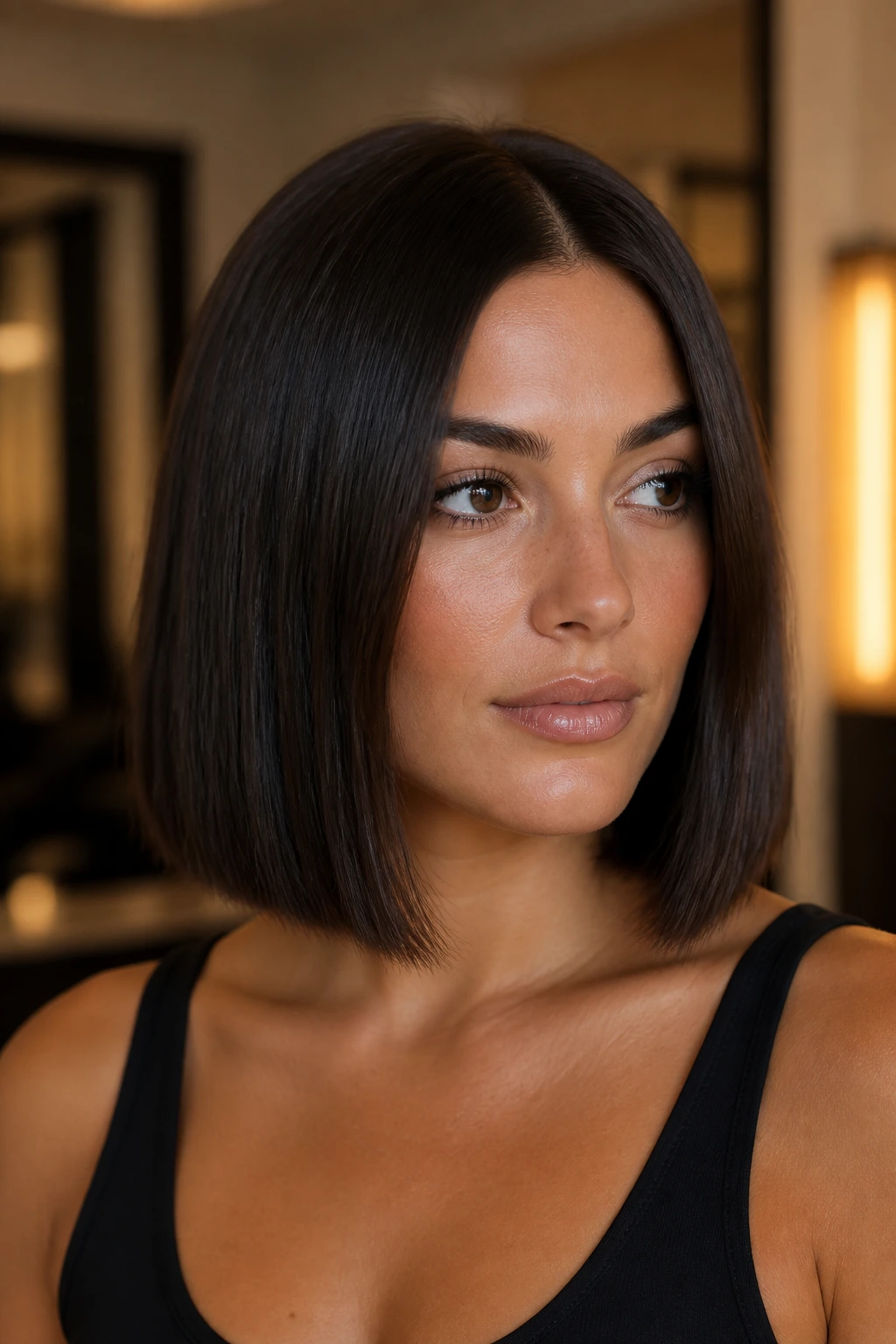 Close-up of espresso brown blunt lob with center part on a real person