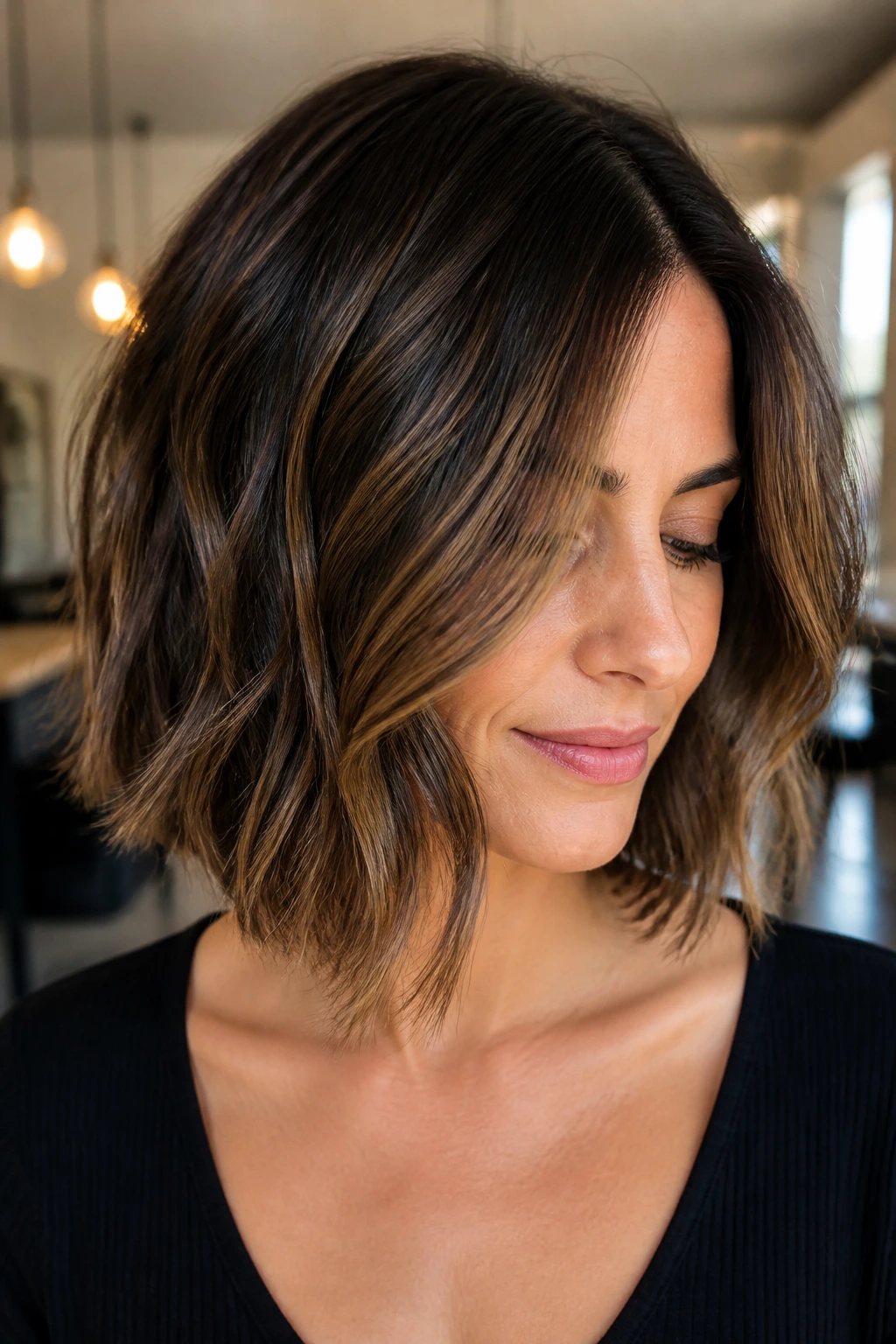 Close-up of a real woman with a glossy espresso bob and caramel ribbon balayage in natural window light