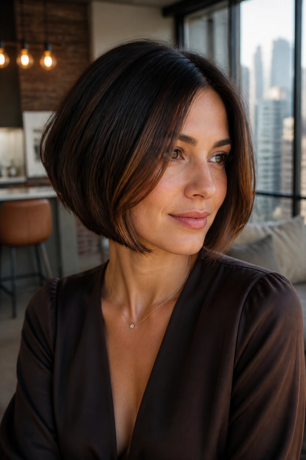 Close-up portrait of a real woman with espresso bob and warm face-framing ribbons.