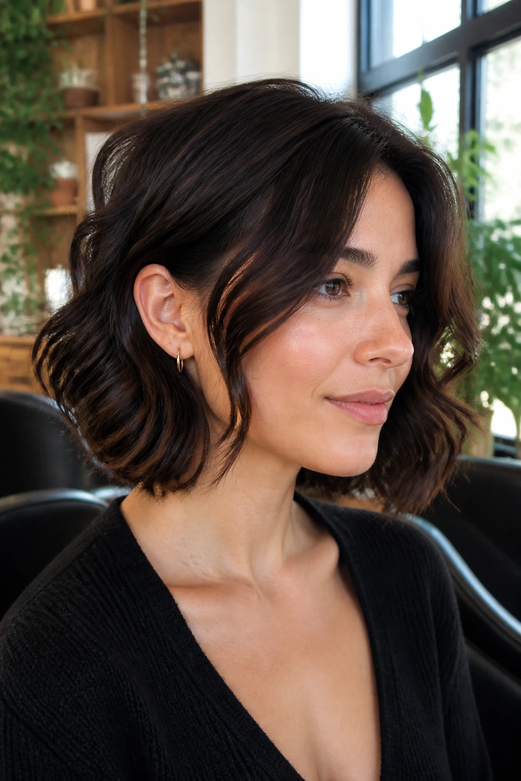 Close-up portrait of a real woman with Espresso Wavy Bob with Soft Layers, deep espresso brown hair with loose waves.