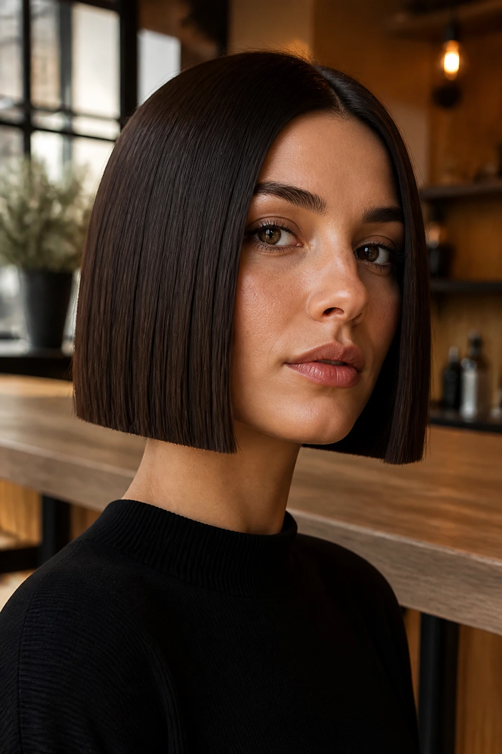Close-up portrait of a real woman with Espresso Box Bob sharp edges in a modern loft
