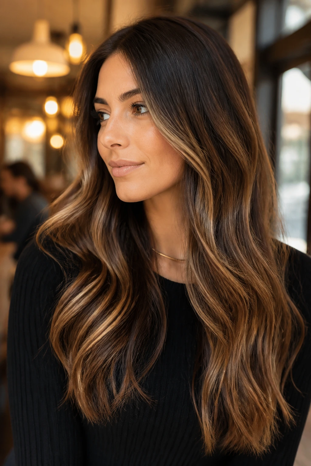 Close-up portrait of a real woman with espresso, bronze, and honey ribboning in long hair