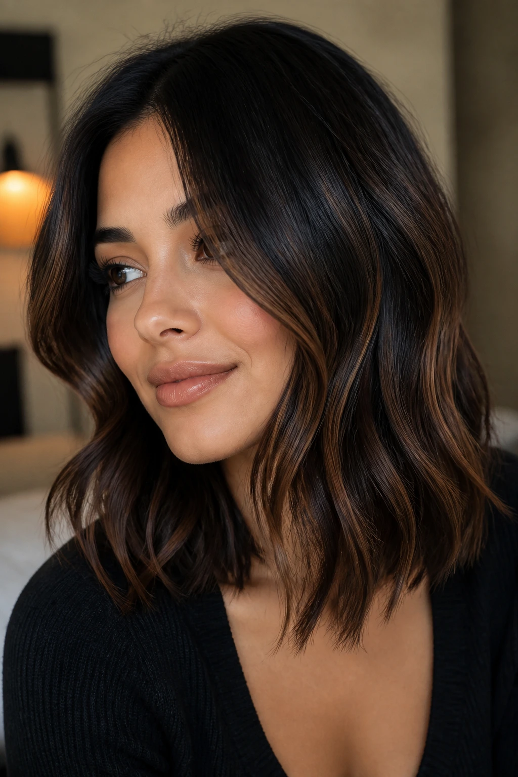 Espresso brown balayage on shoulder-length black hair