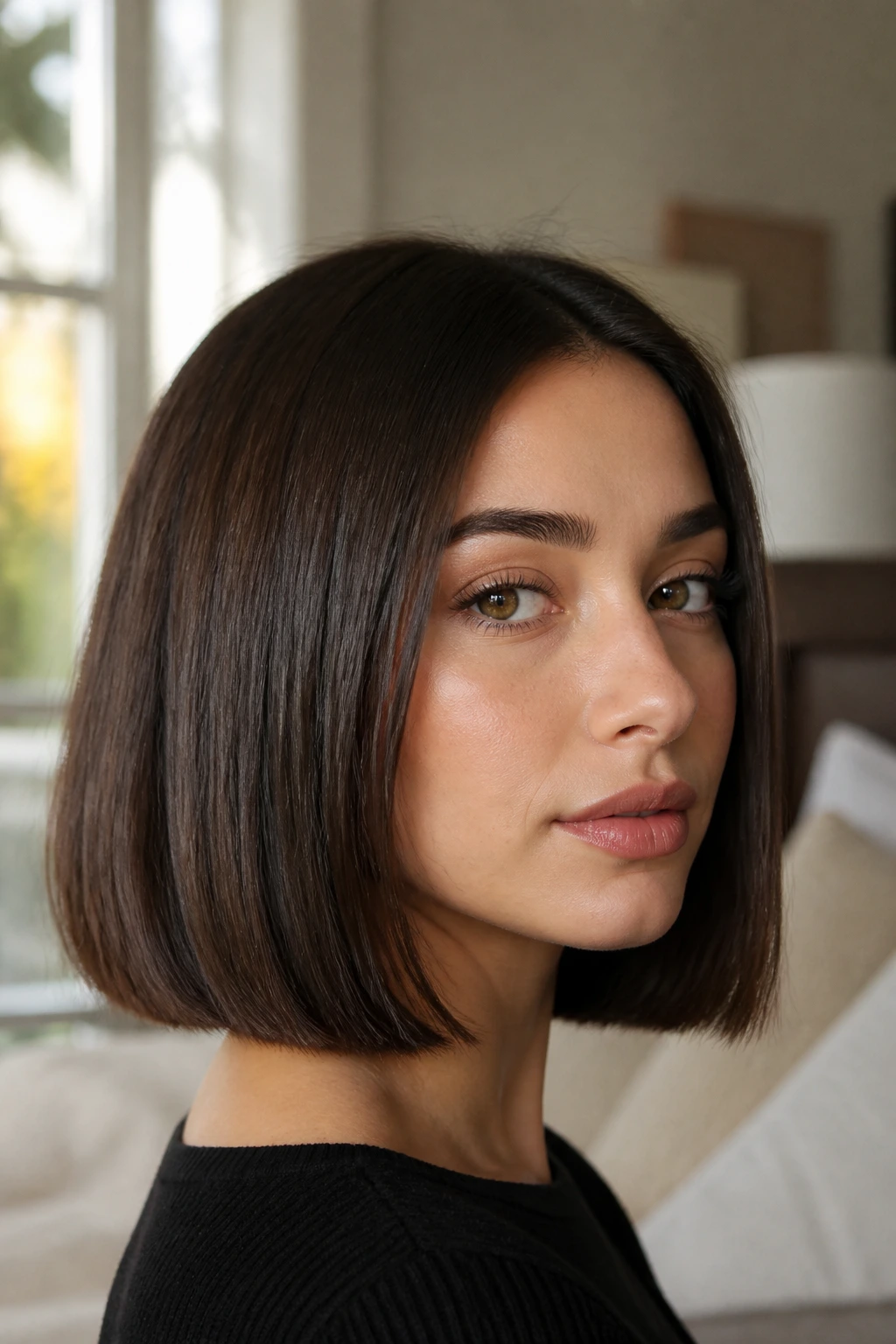 Portrait of a woman with crisp espresso brown blunt bob