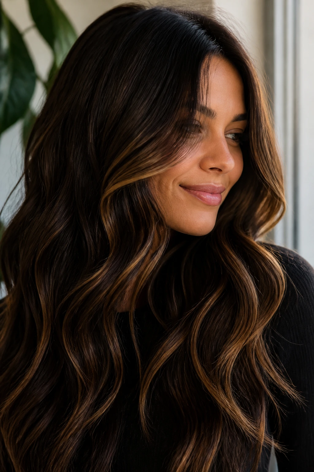Espresso brown hair with caramel ribbons framing the face