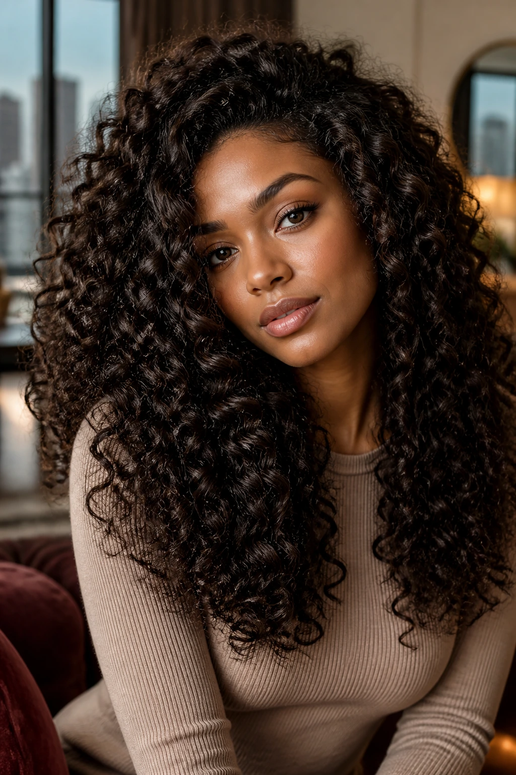 Close-up of a real woman's curls in espresso brown with velvet shine