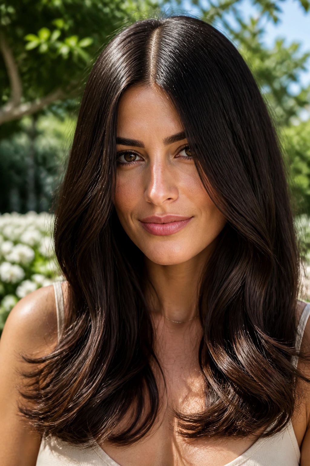 Close-up of espresso brown hair with glossy ends in bright daylight