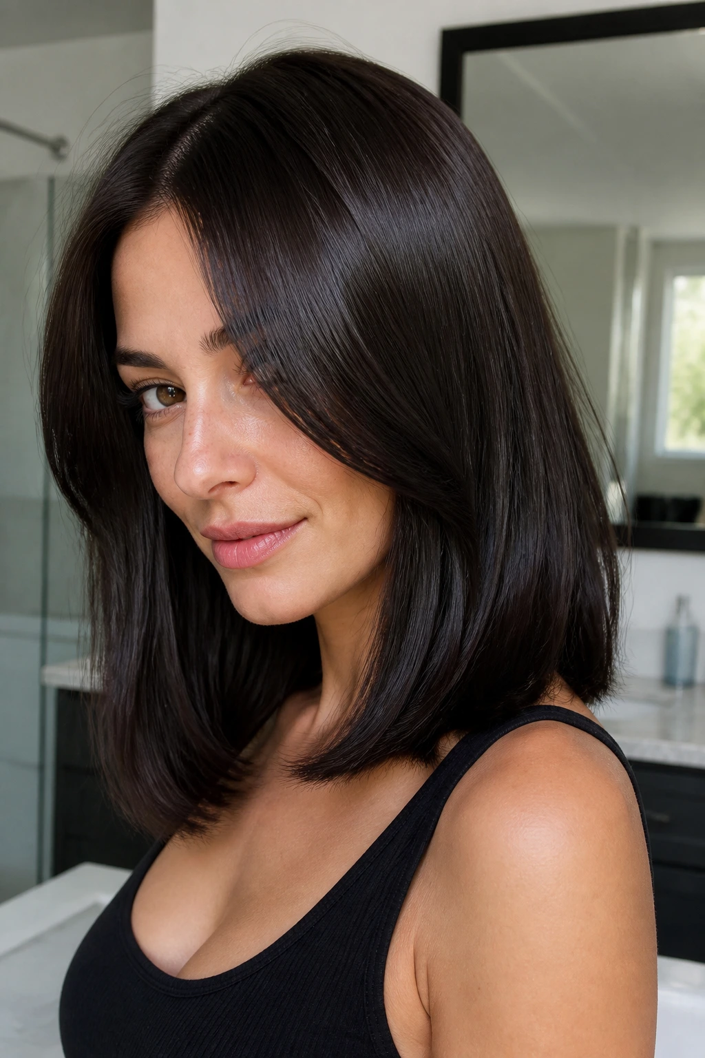 Portrait of a woman with espresso brown hair and mirror-like gloss on a medium-length cut