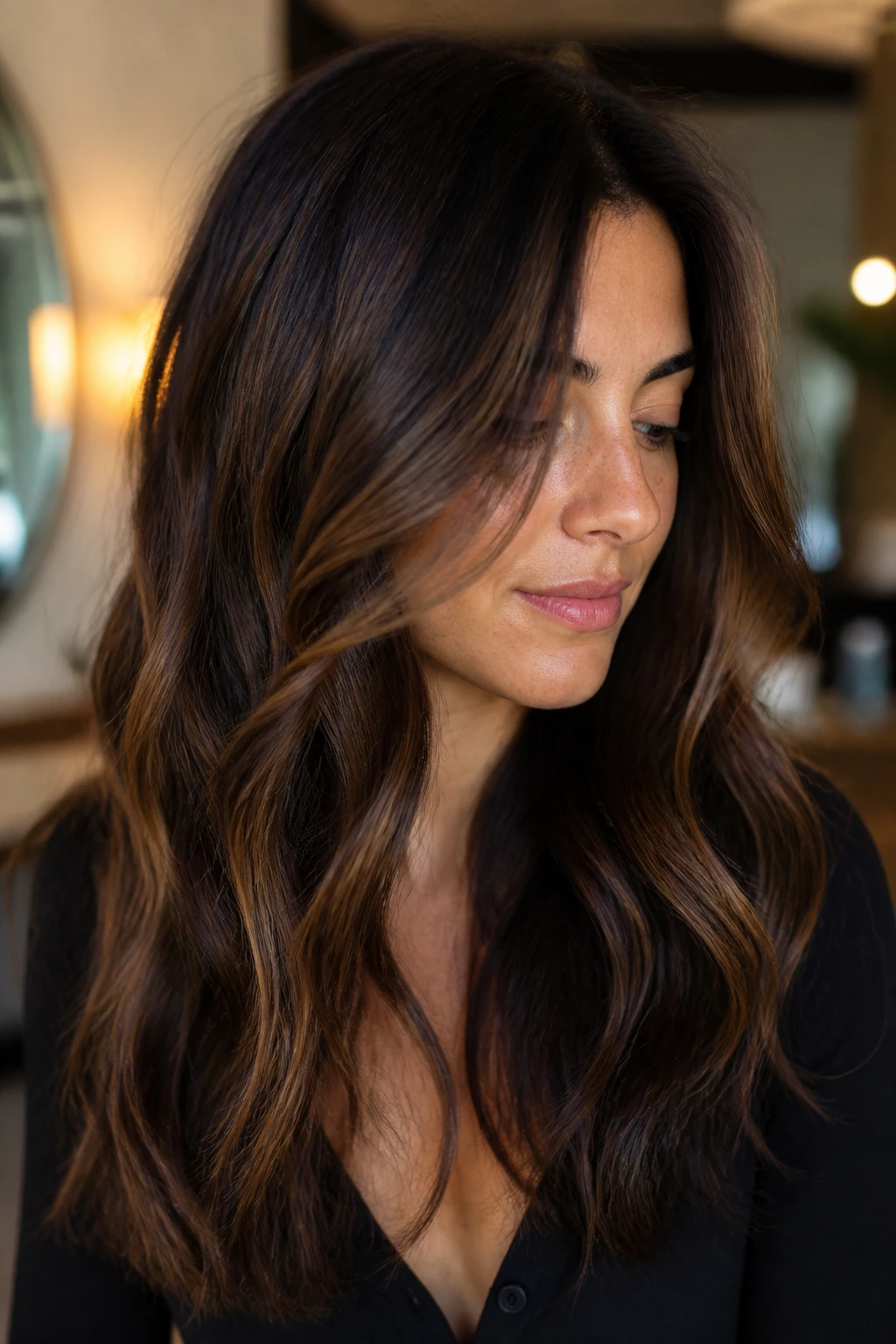 Close-up portrait of real person with dark espresso hair and subtle gold veils.