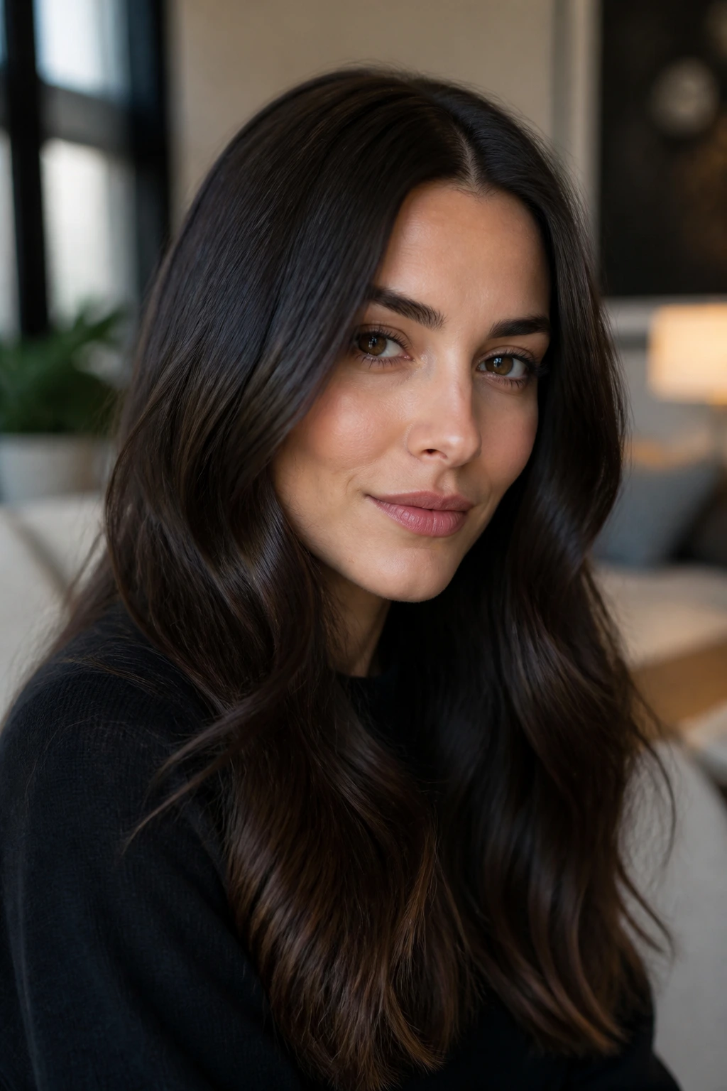 Close-up of deep espresso brown hair with glossy cool undertones on a real person