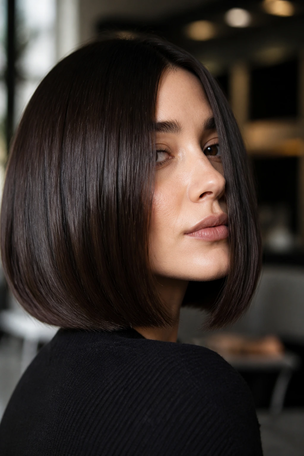 Close-up of a real woman with espresso brown hair and mirror-like shine