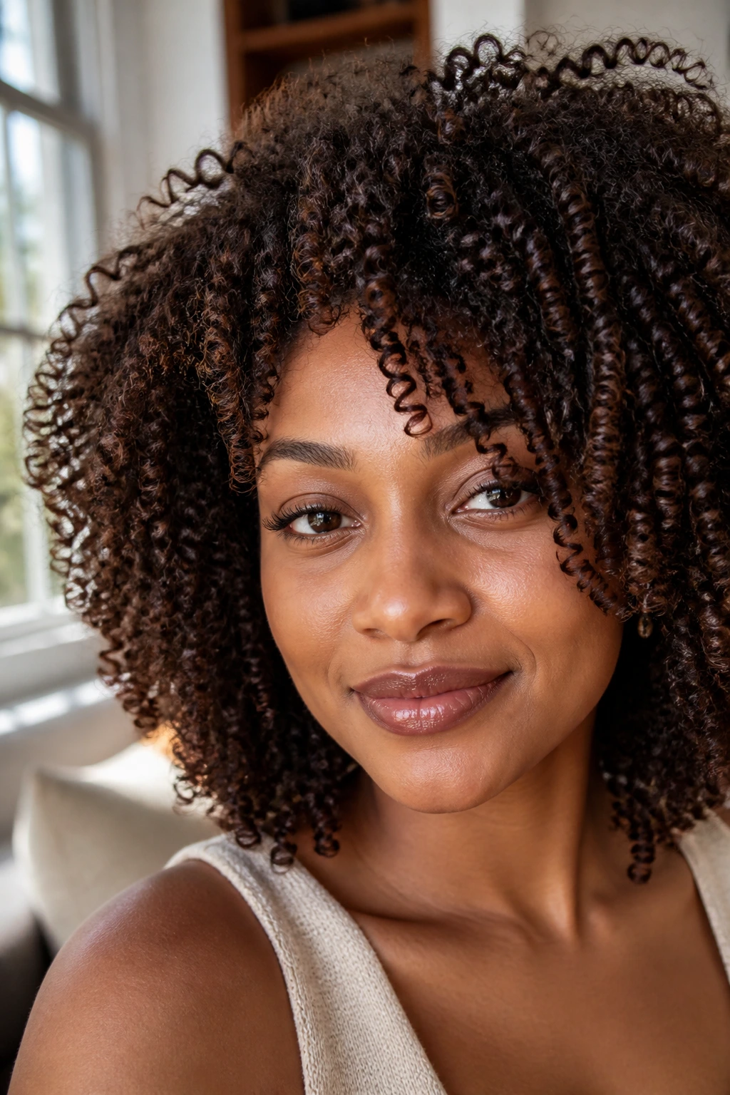 Close-up of a Black person with espresso brown wash-and-go curls.
