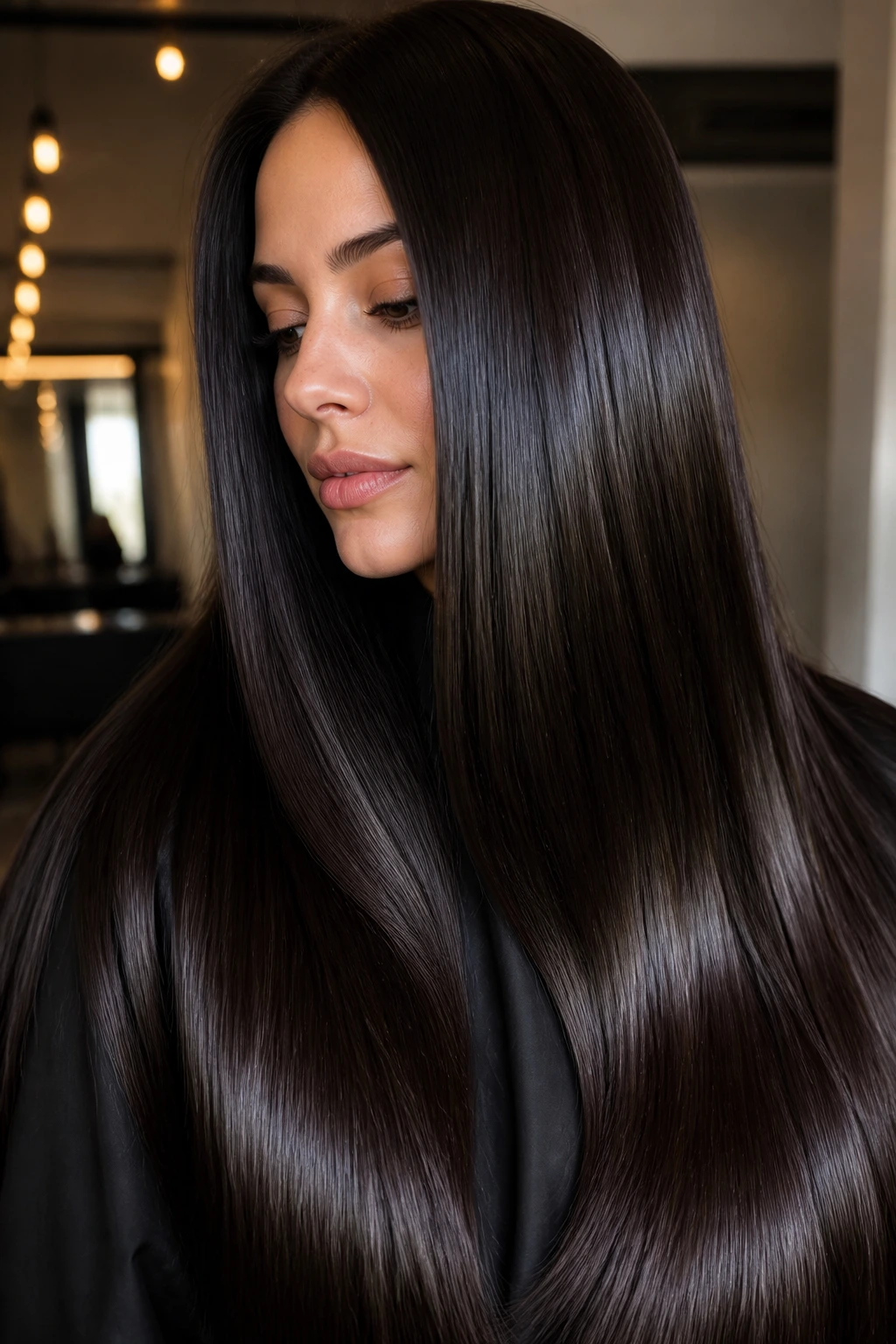 Close-up of glossy espresso brown hair on a real person