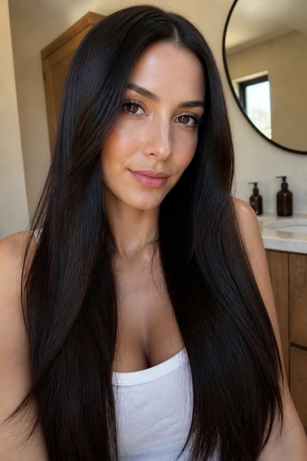 Close-up of a woman with espresso brunette long straight hair under warm window light