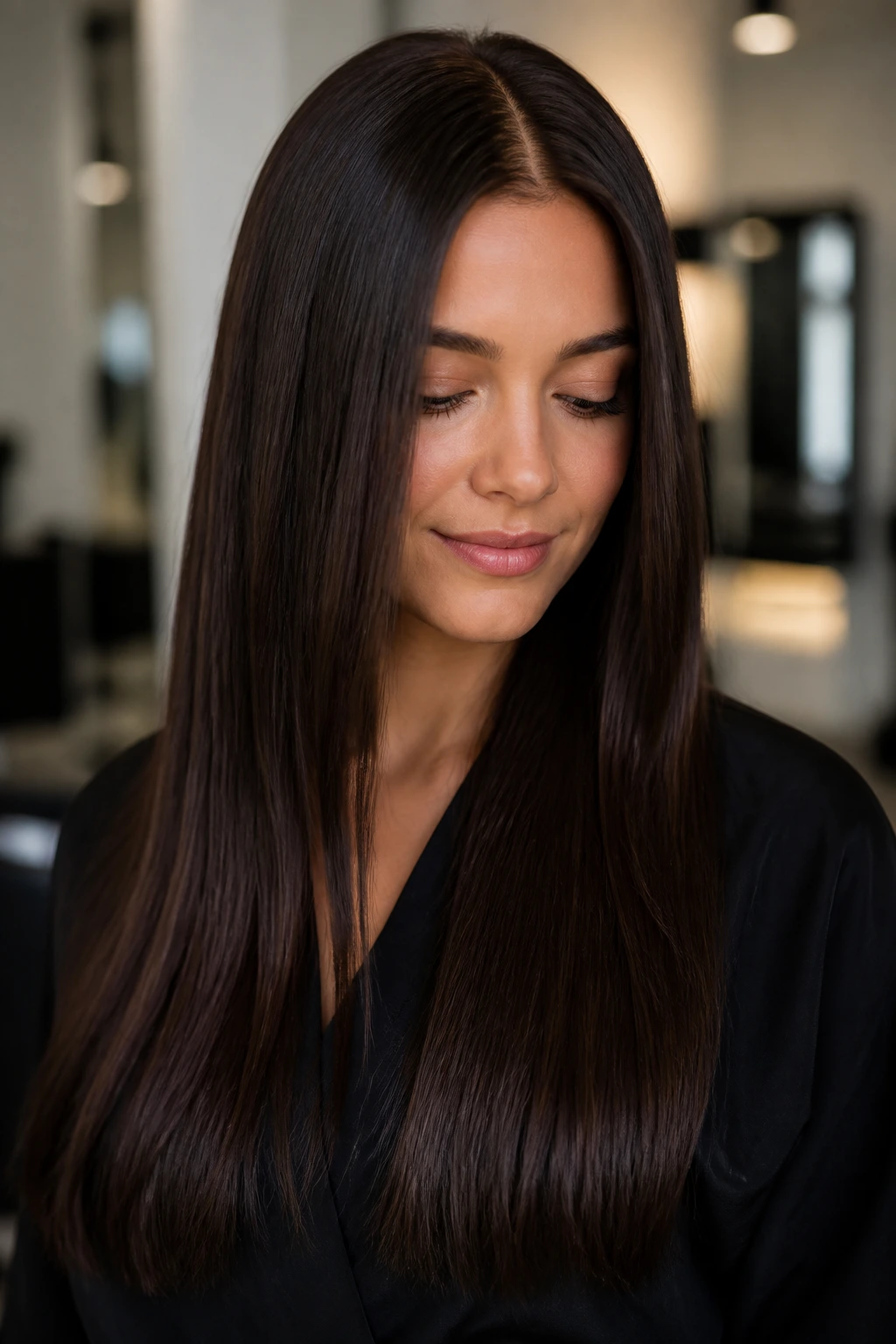 Close-up of glossy espresso brunette hair on a real person