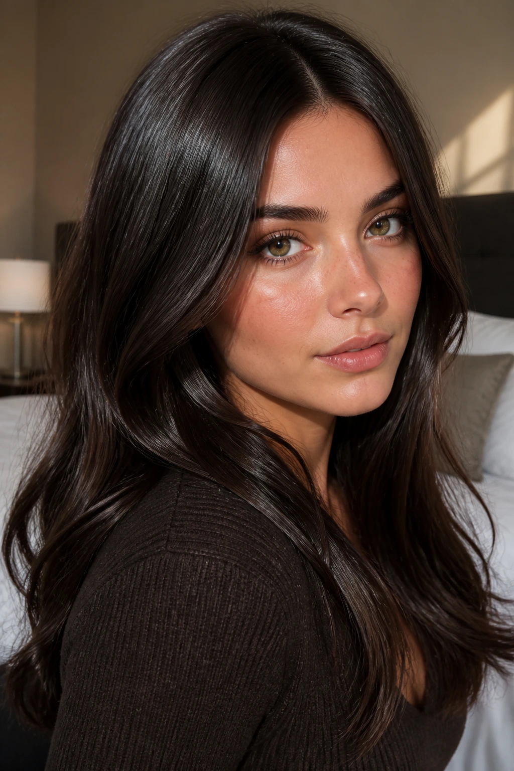 Close-up portrait of a woman with espresso brunette hair and glassy finish, deep rich color.