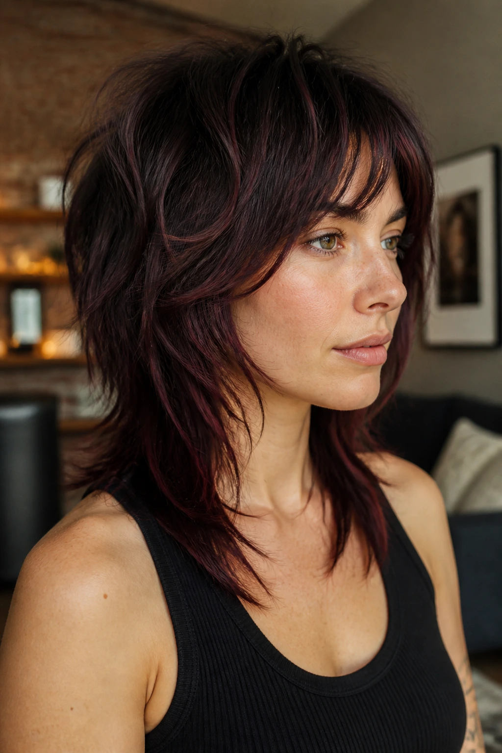 Portrait of woman with espresso burgundy shag showing burgundy through hair texture