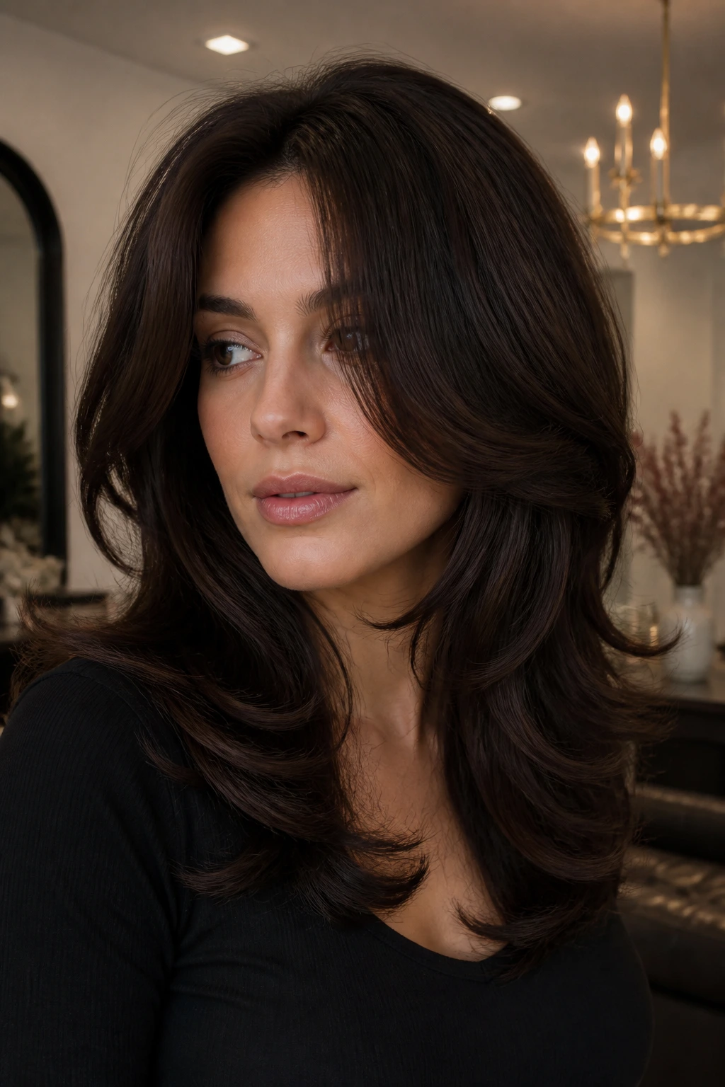Portrait of a real woman with espresso butterfly cut and voluminous crown