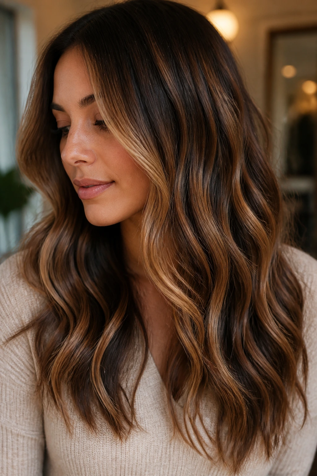 Espresso ribbons woven into caramel balayage on a real person’s hair in soft waves