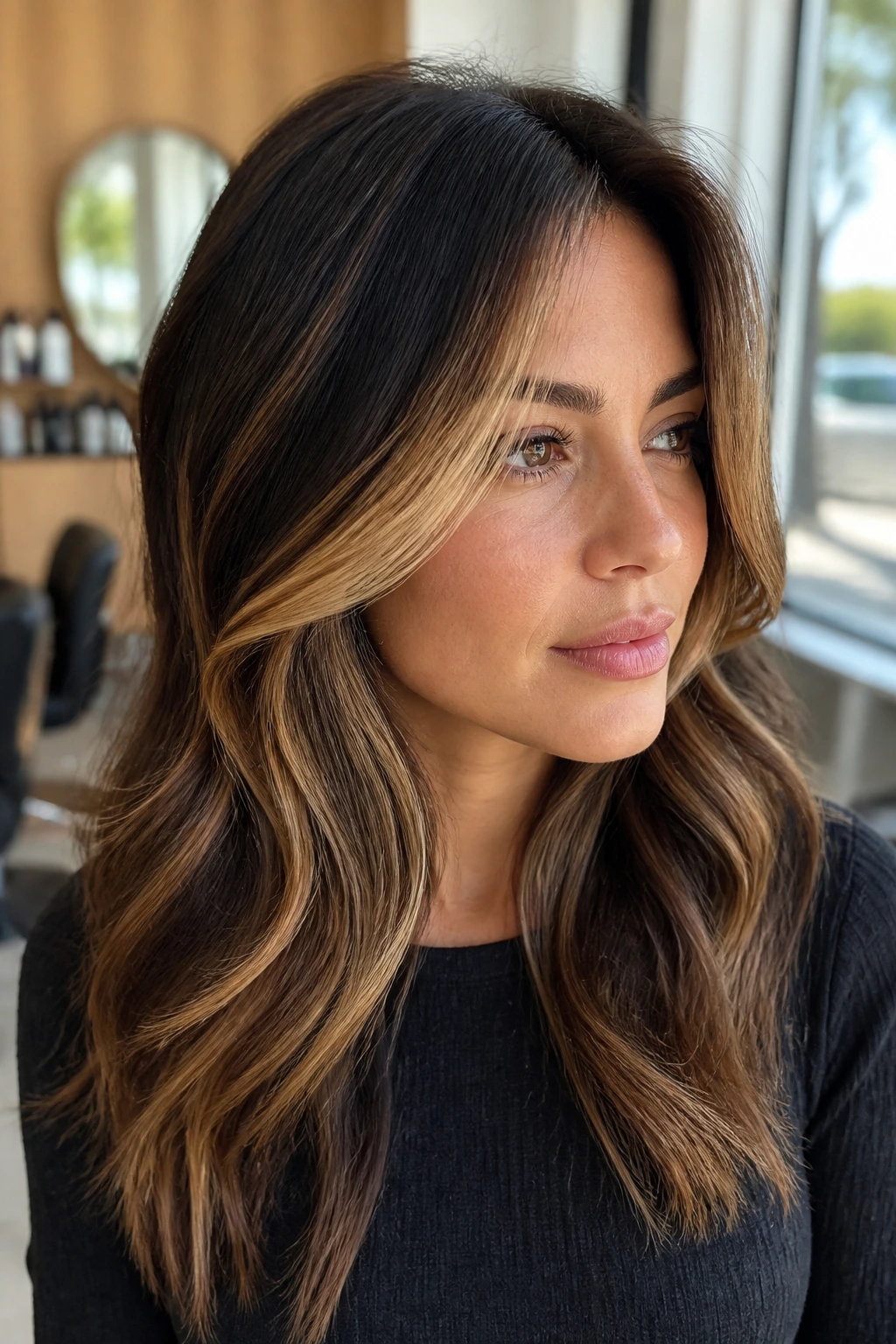 Close-up portrait of a real woman with espresso-to-caramel contour balayage framing her face