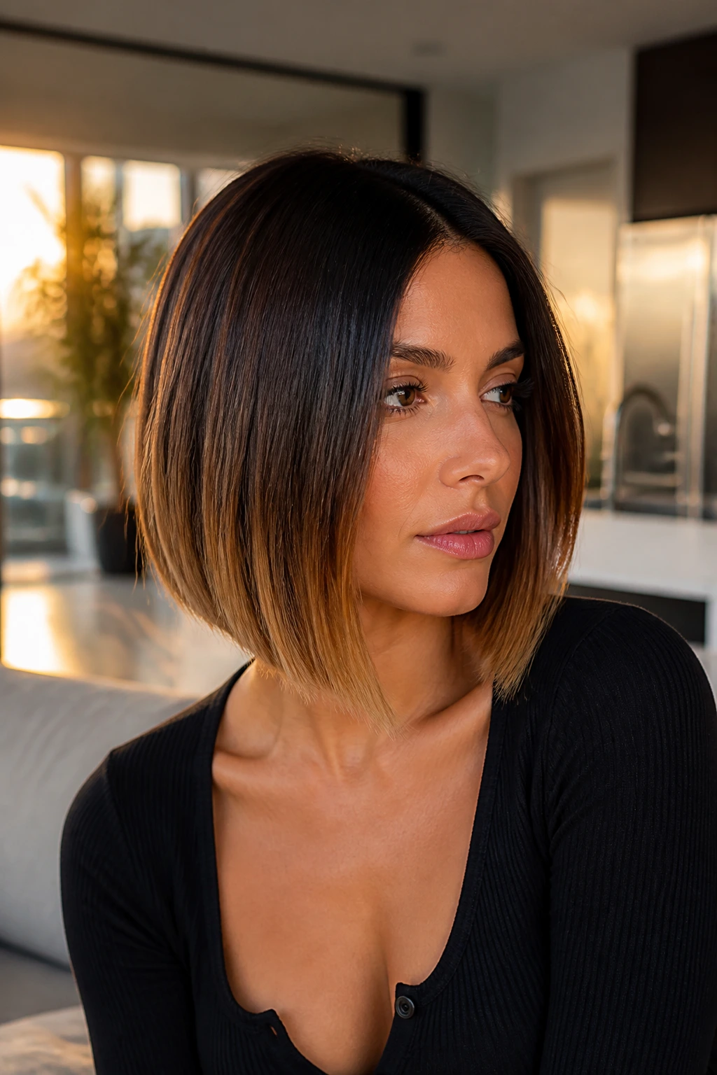 Real woman with a blunt bob gradient from espresso to caramel.