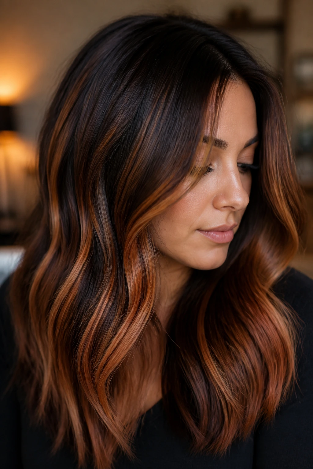 Brunette with espresso caramel copper balayage tones