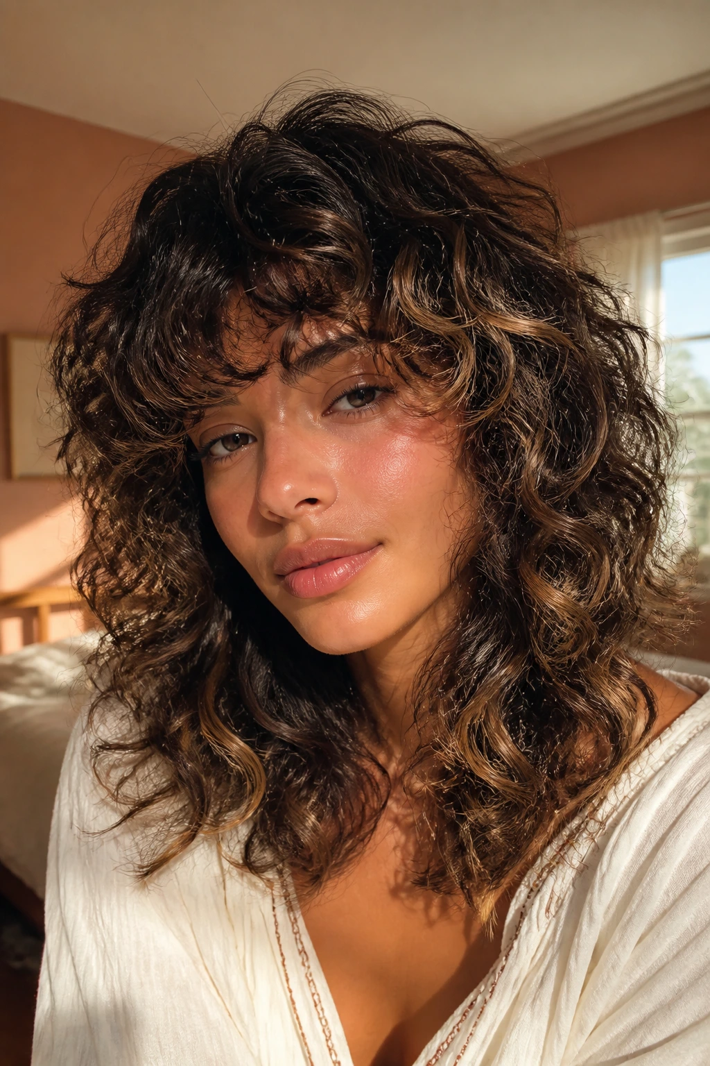 Close-up portrait of a real woman with espresso-rooted curly shag and caramel highlights in window light