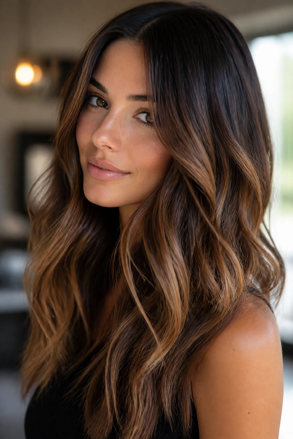 Close-up portrait of a real woman with espresso-to-caramel melt hair