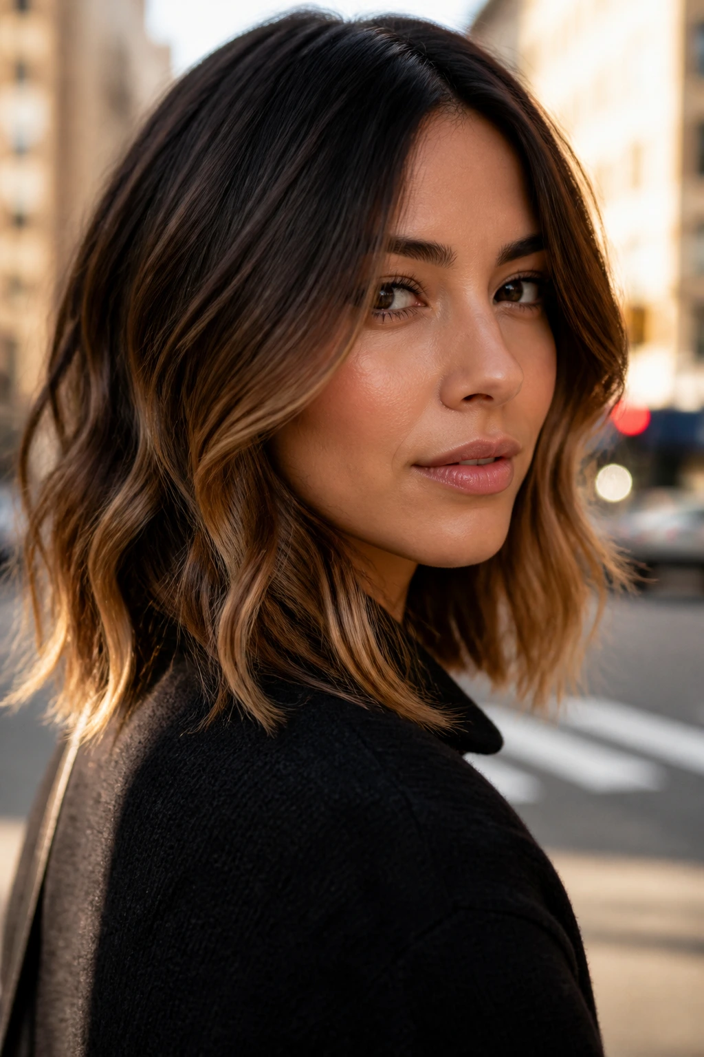 Close-up portrait of a real woman with espresso-to-caramel ombré hair