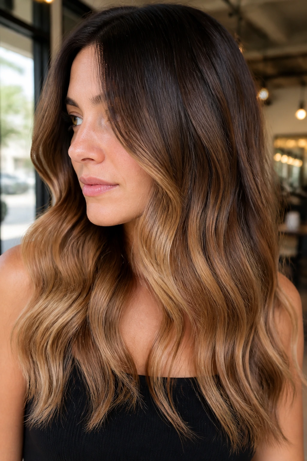 Espresso to caramel ombre on real person with soft waves
