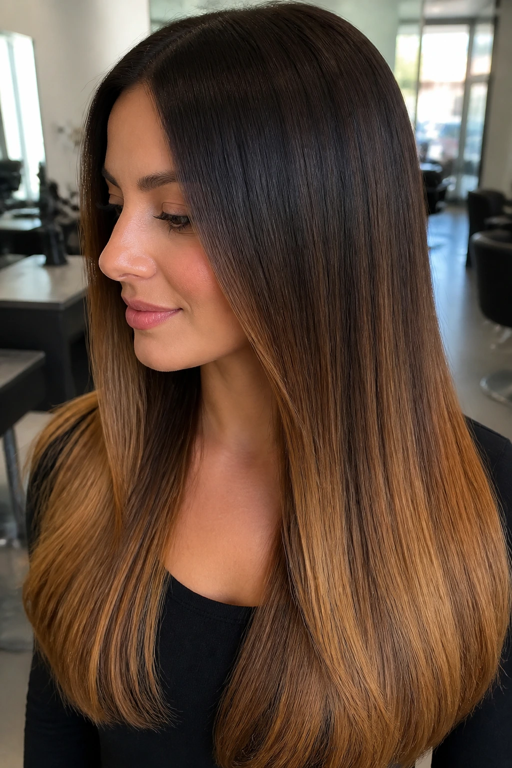 Close-up of straight hair with espresso to caramel ombre on a real person