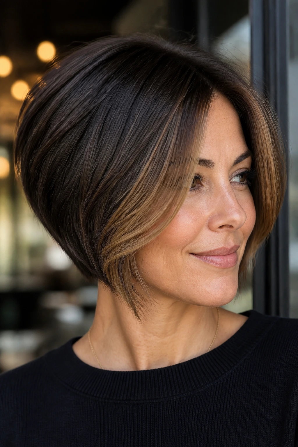 Close-up portrait of a real woman with stacked bob showing espresso and caramel color contrast.