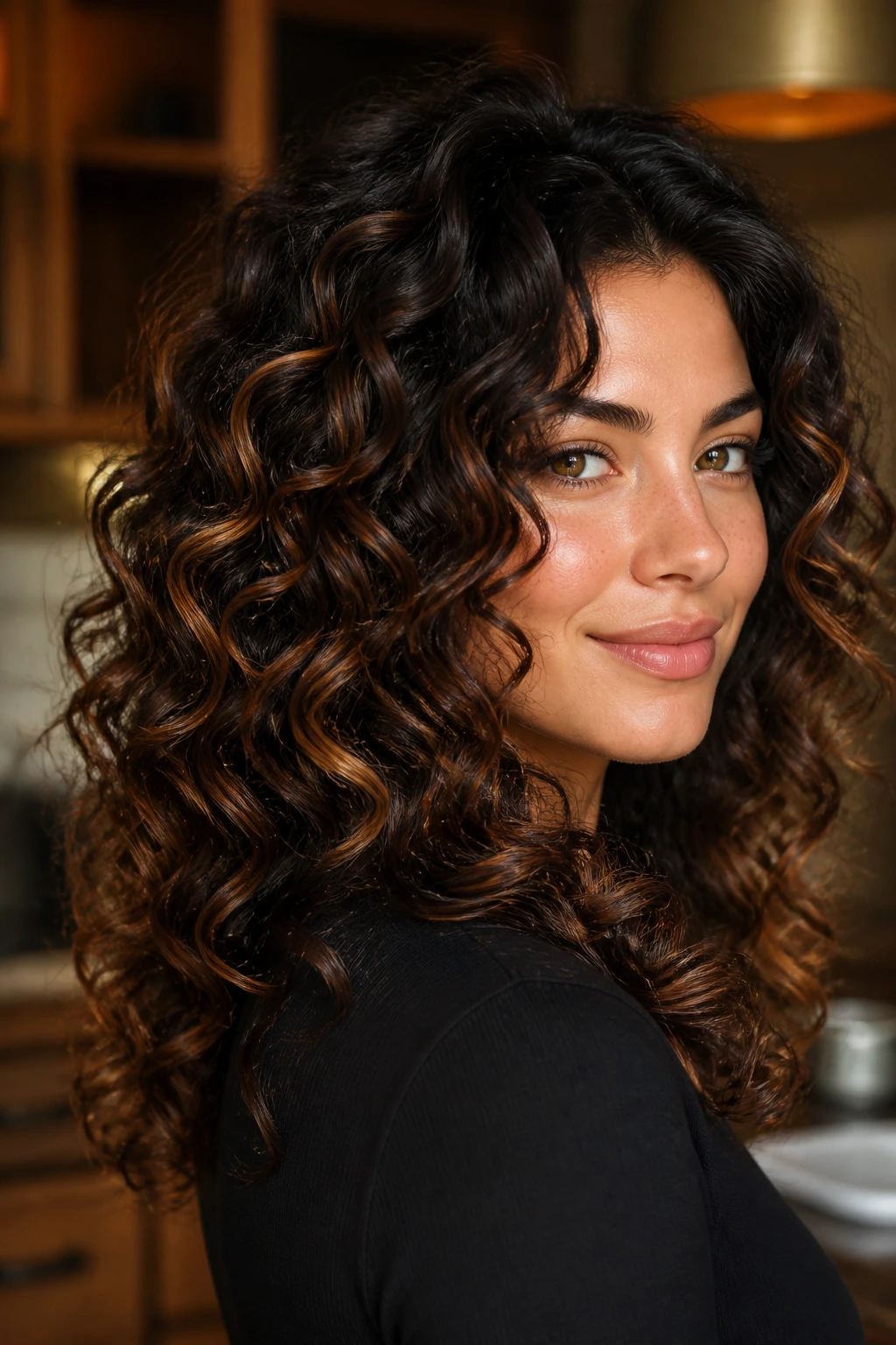 Close-up of a person with espresso hair and caramel veil across outer layers