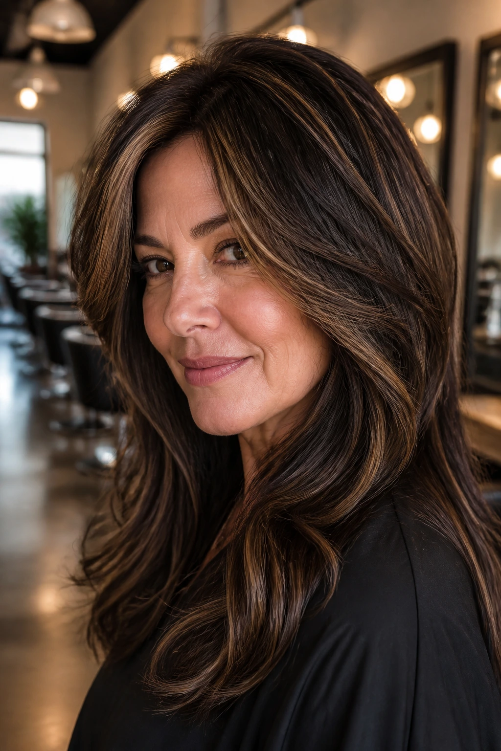 Close-up portrait of a woman with espresso base hair and caramel veil highlighting depth and texture