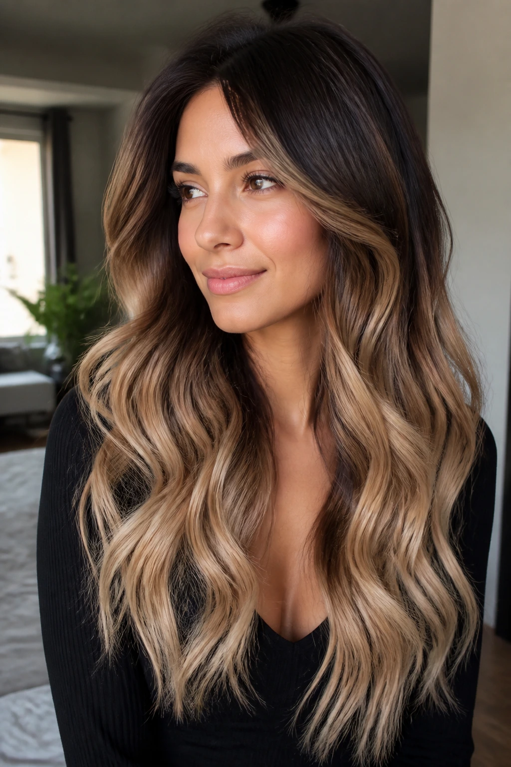 Close-up portrait of espresso to champagne beige ombre on long hair