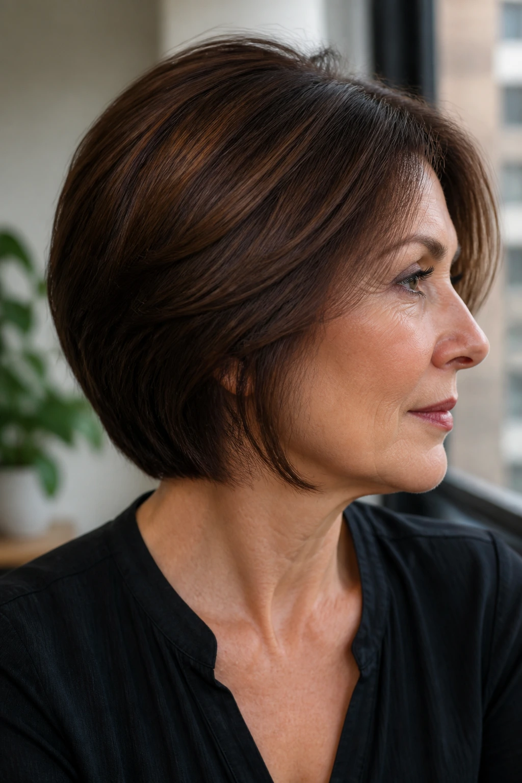 Close-up of a real woman with espresso-chestnut brown hair on fine hair showing defined edges
