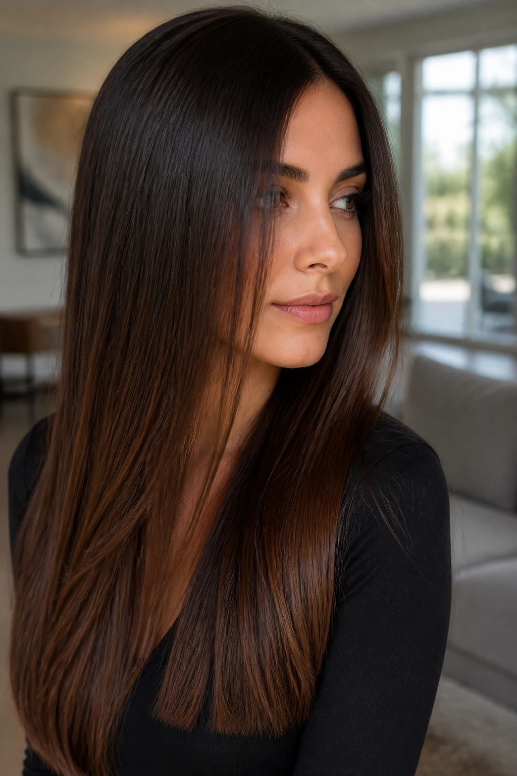 Close-up of a real woman's hair showing espresso to chestnut melt balayage with a dark root and chestnut mid-lengths