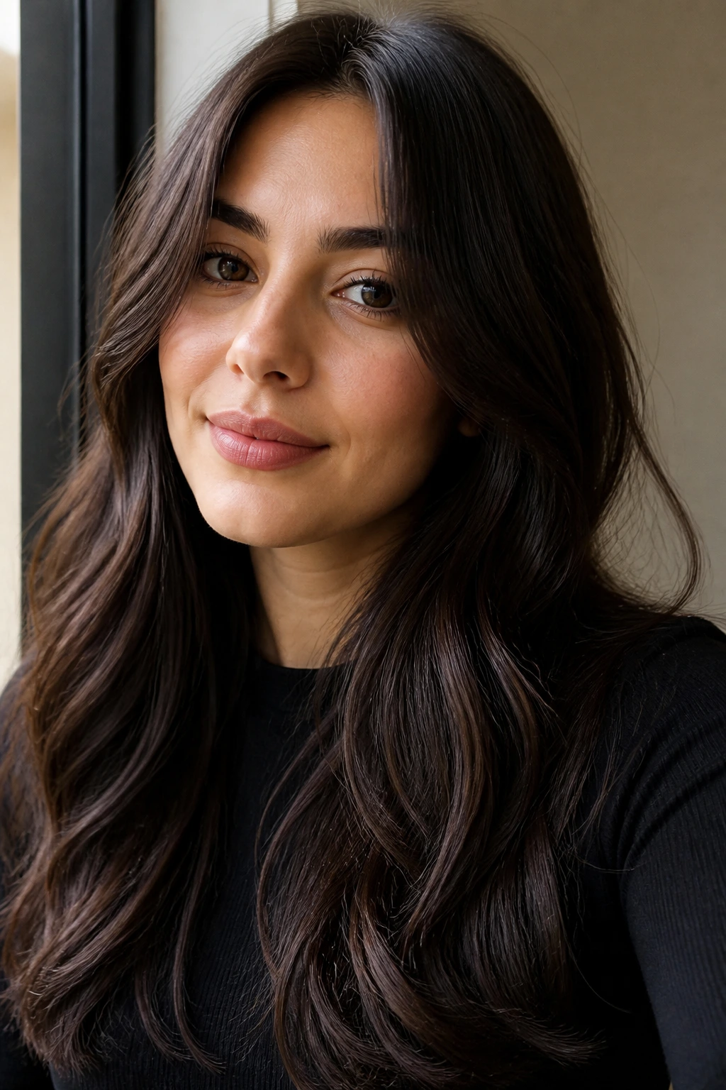 Close-up of deep espresso chocolate brown hair with glossy ends in natural daylight