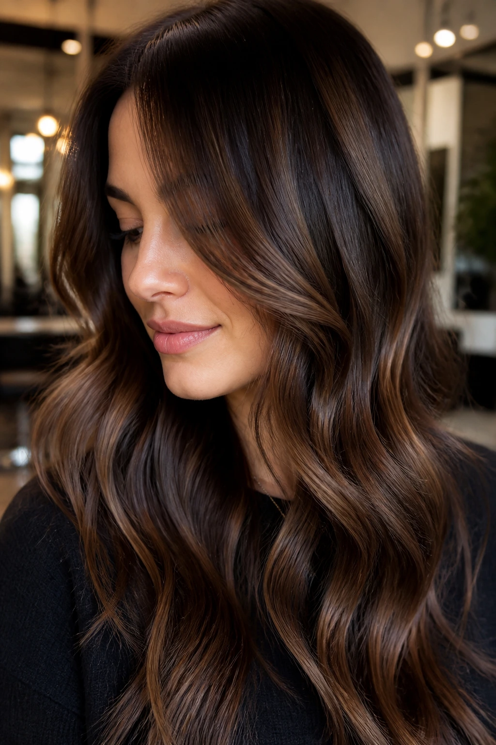 Close-up of chocolate brown hair showing espresso and cocoa variations