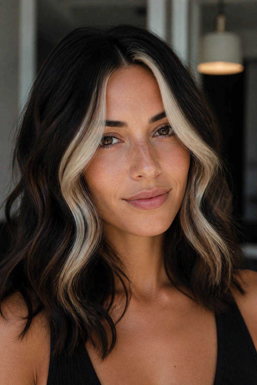 Espresso roots with cream front piece on a woman's wavy hair