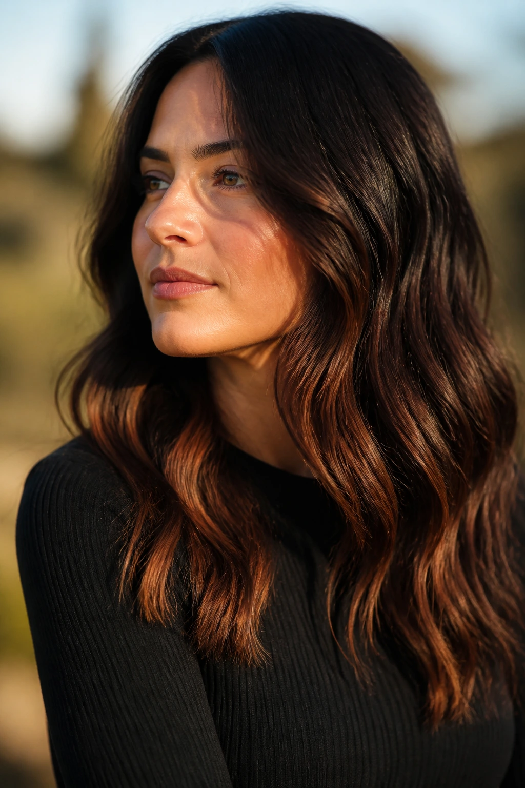 Close-up portrait of a woman with espresso ends and amber threads in wavy hair