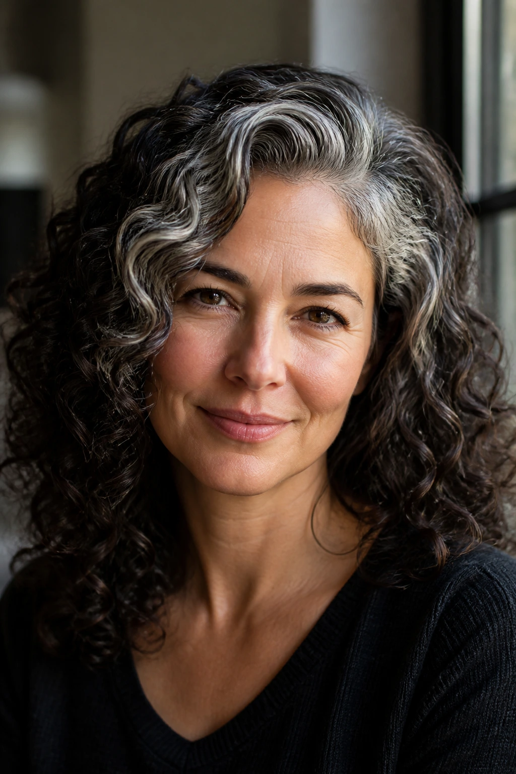 Close-up portrait of a real person with espresso curls framed by gray.