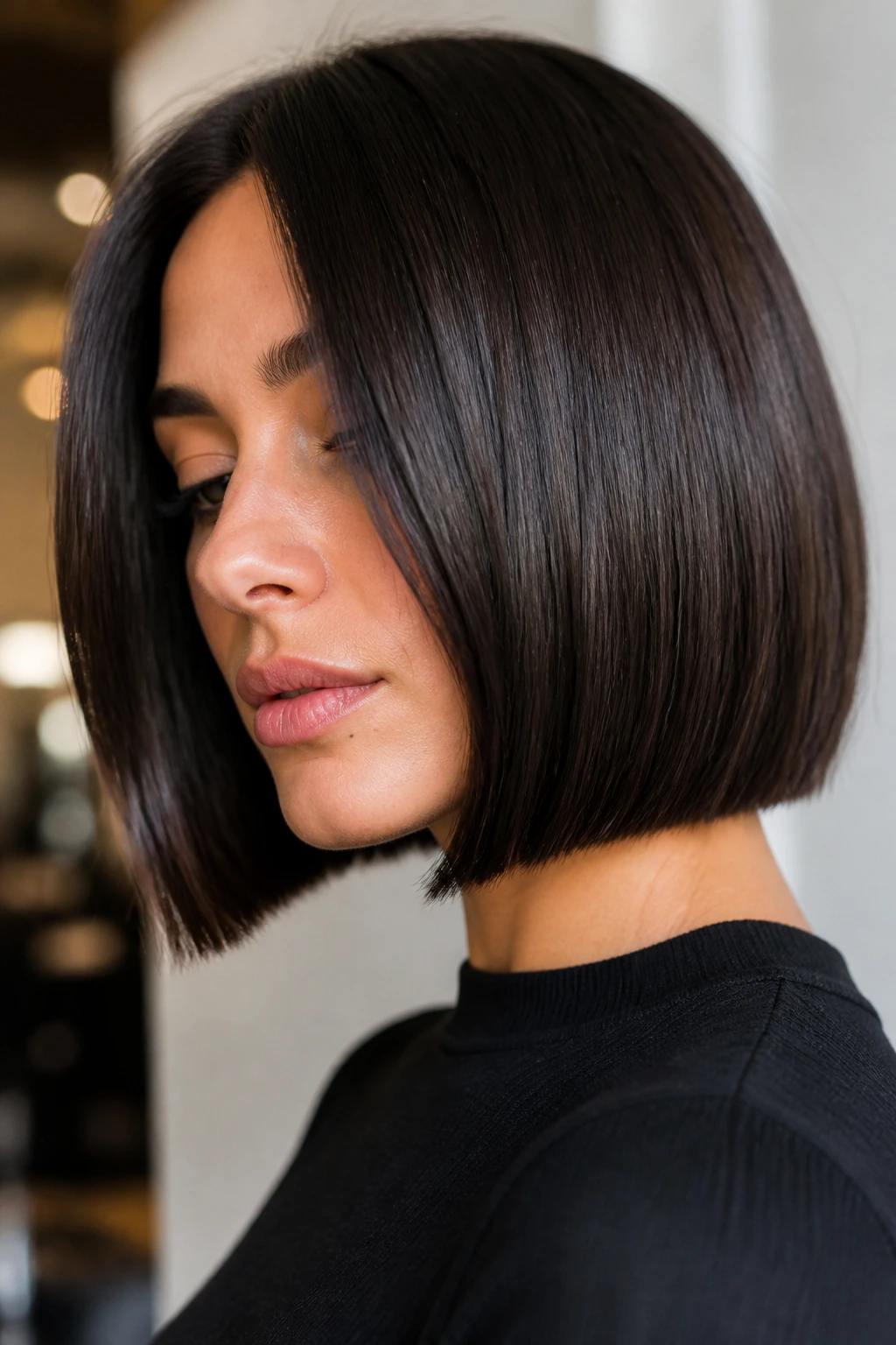 Close-up of a real woman with a blunt espresso brown bob.