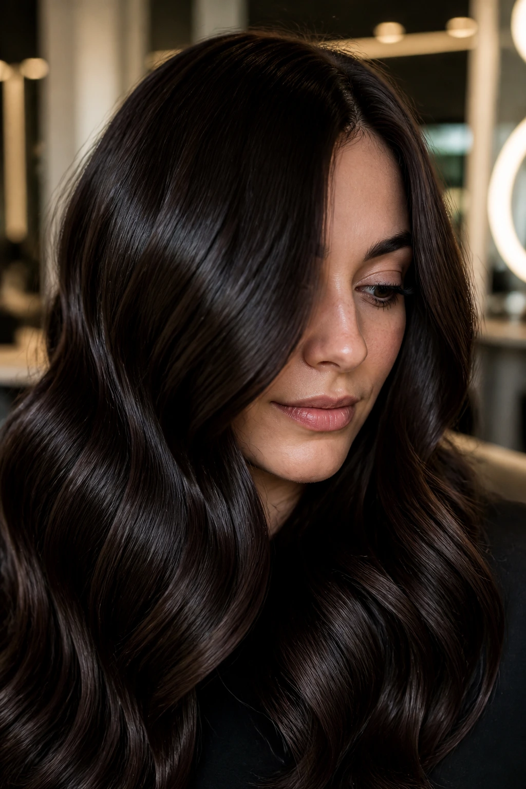 Close-up of a real woman with espresso brown hair and a glossy finish.