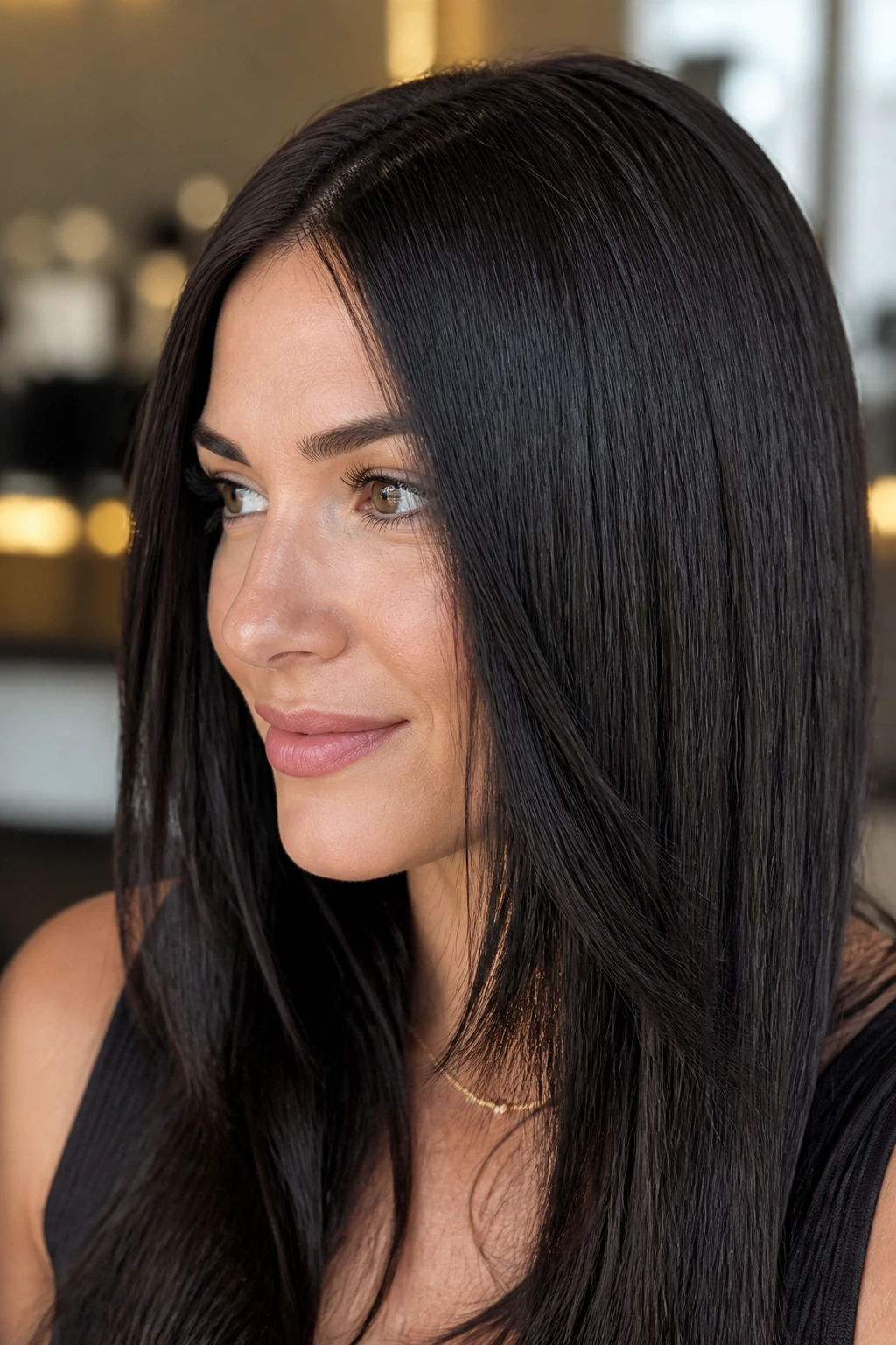 Close-up of real person with espresso gloss brunette hair
