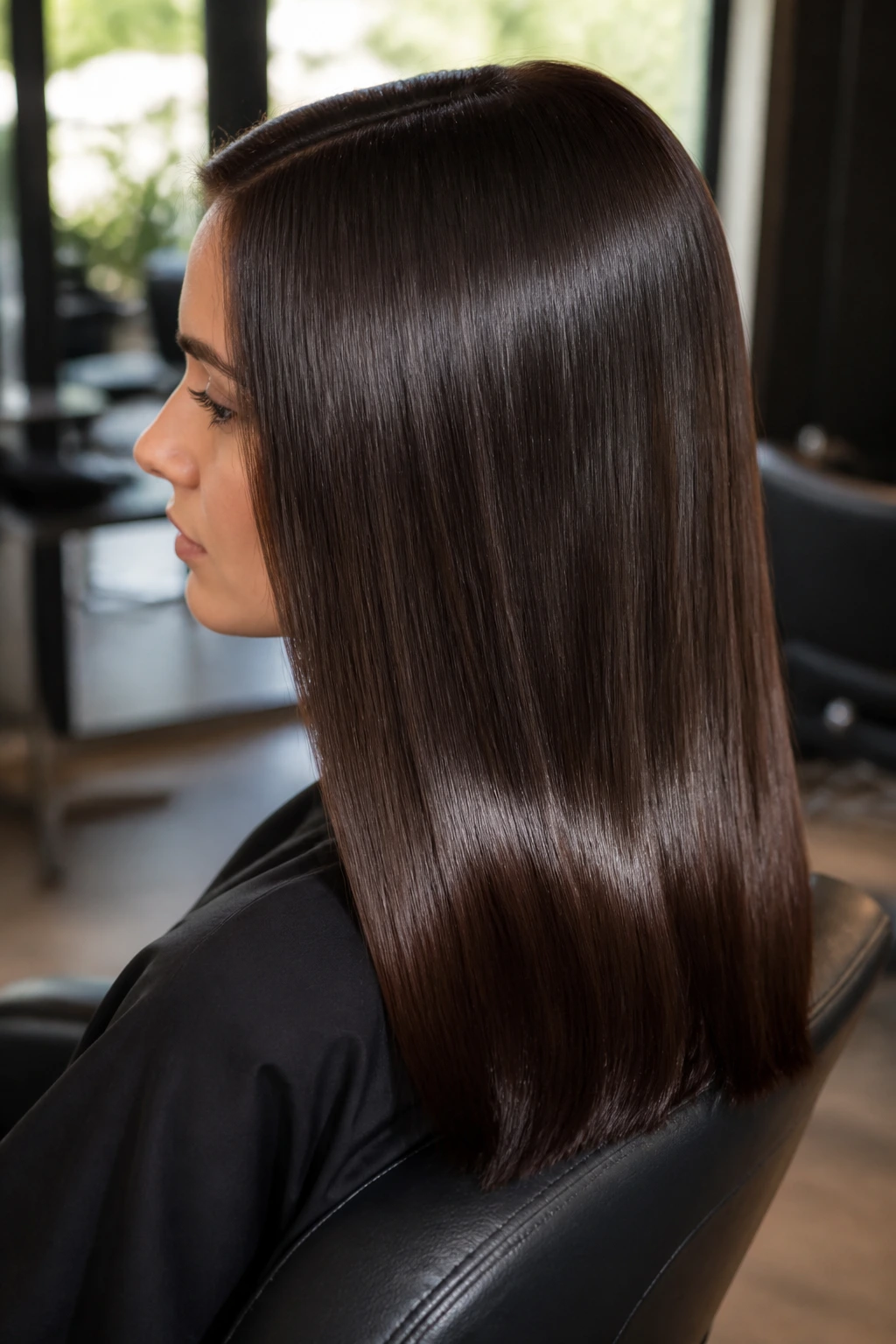 Close-up of espresso brown hair with mirror-like shine on a real person