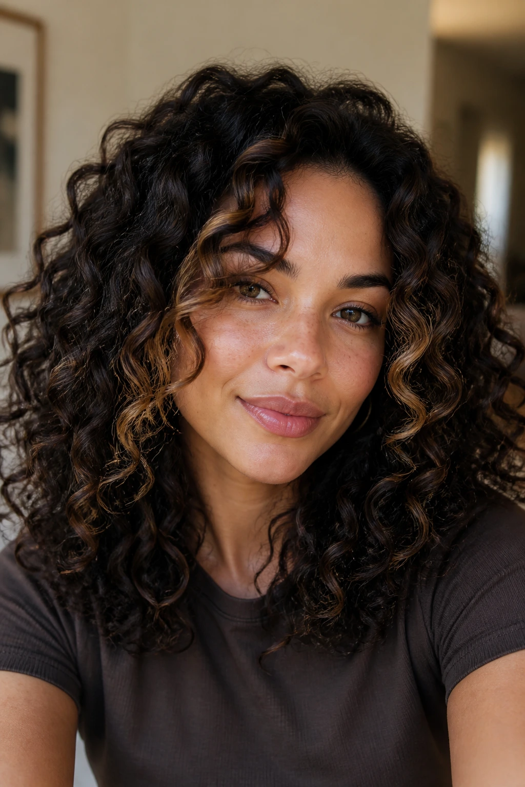 Portrait of curly hair with espresso gloss and honey face frame